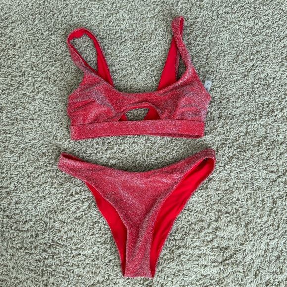 Berlook Red Lurex Cut Out Bikini Top & Bottoms - Picture 7 of 14